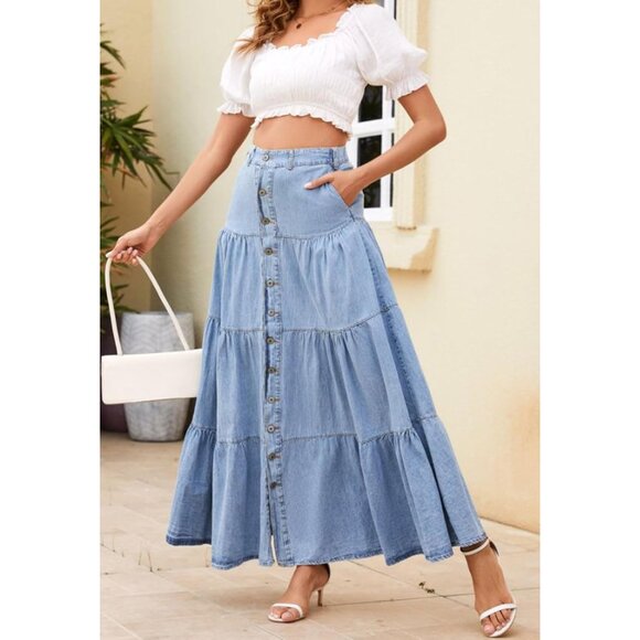 Women Denim Maxi Skirt High Waist A Line Ruffle Tiered Patchwork Light Blue - Picture 4 of 7